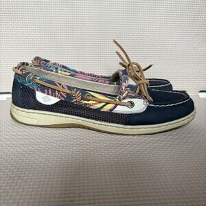 Sperry Top Sider Women’s Tropical Print Navy Boat Shoes Size 8 Leather Canvas